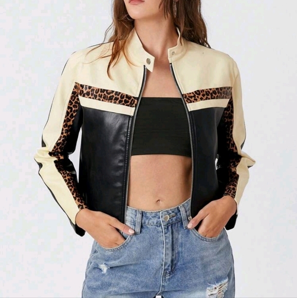 Spring And Autumn Leopard Print & Color Block Zip Short Jacket - Picture 4 of 5